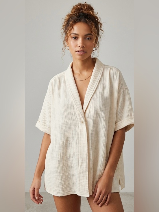 We The Free Tops - We The Free People Cream Cotton Gauze Oversized Short Sleeve Button Top XL
